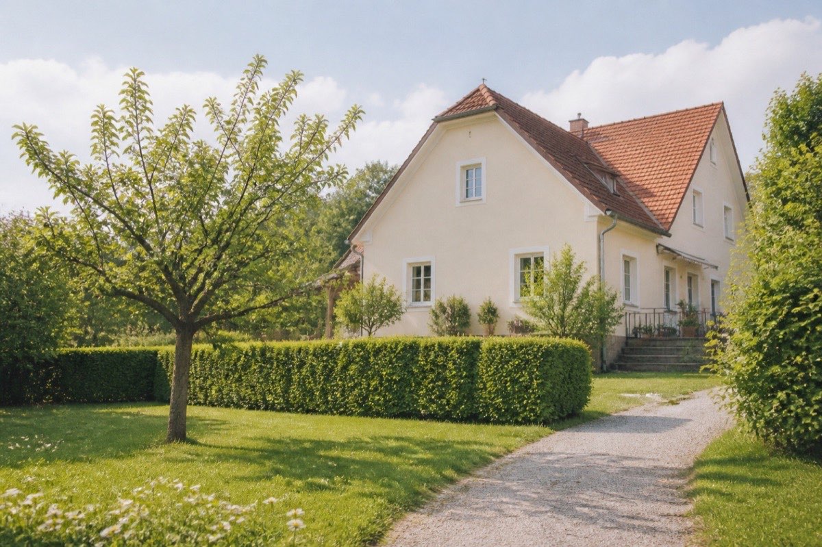 Steirisches Haus mit Garten und geschnittener Hecke