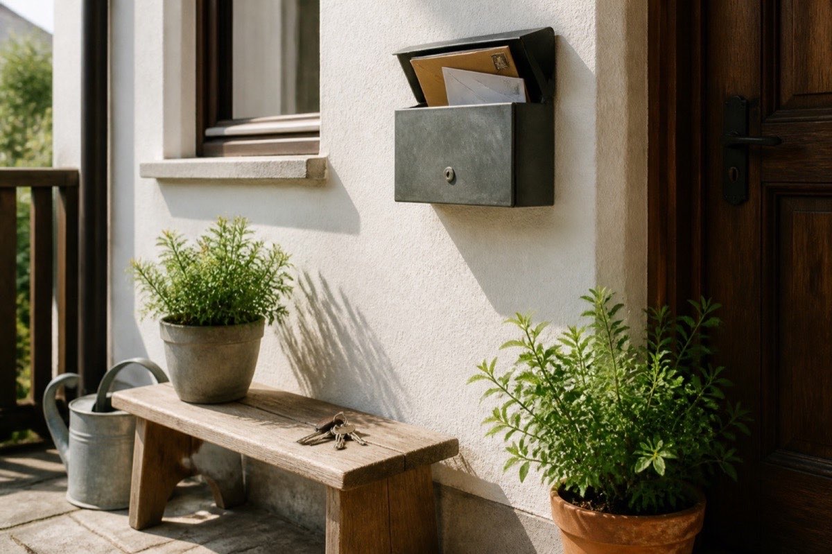 Briefkasten, Schlüssel und Pflanzen auf einer sonnigen Veranda